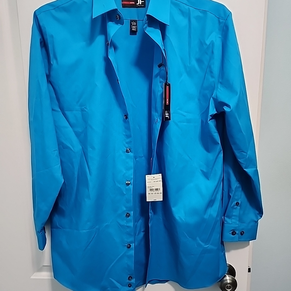 J. Ferrar Mens Slim Stretch Long Sleeve Button Shirt 15- 15 1/2  32-33 Teal Blue